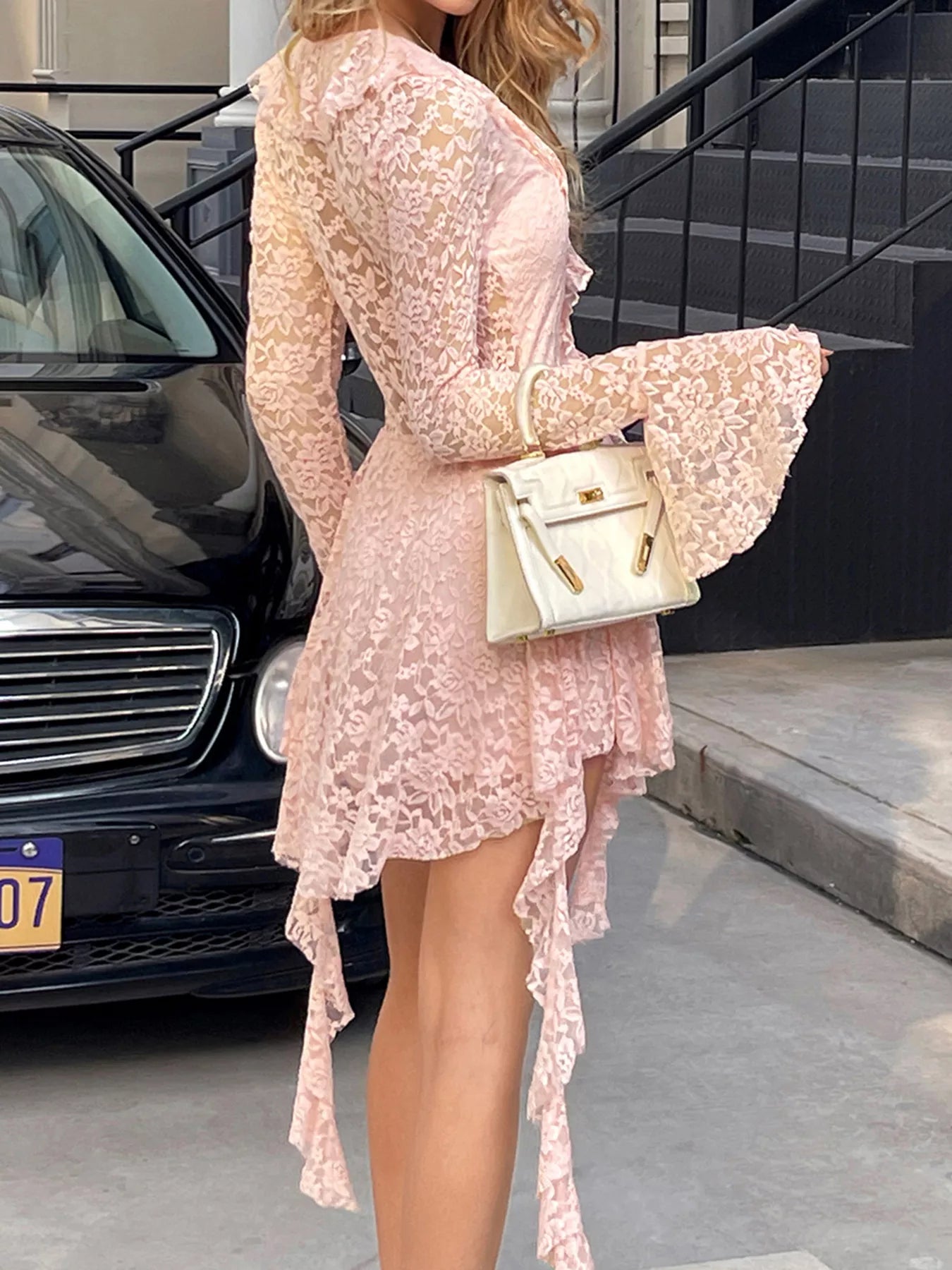 Lace Ruffle Tie Front Mini Dress Trendsi