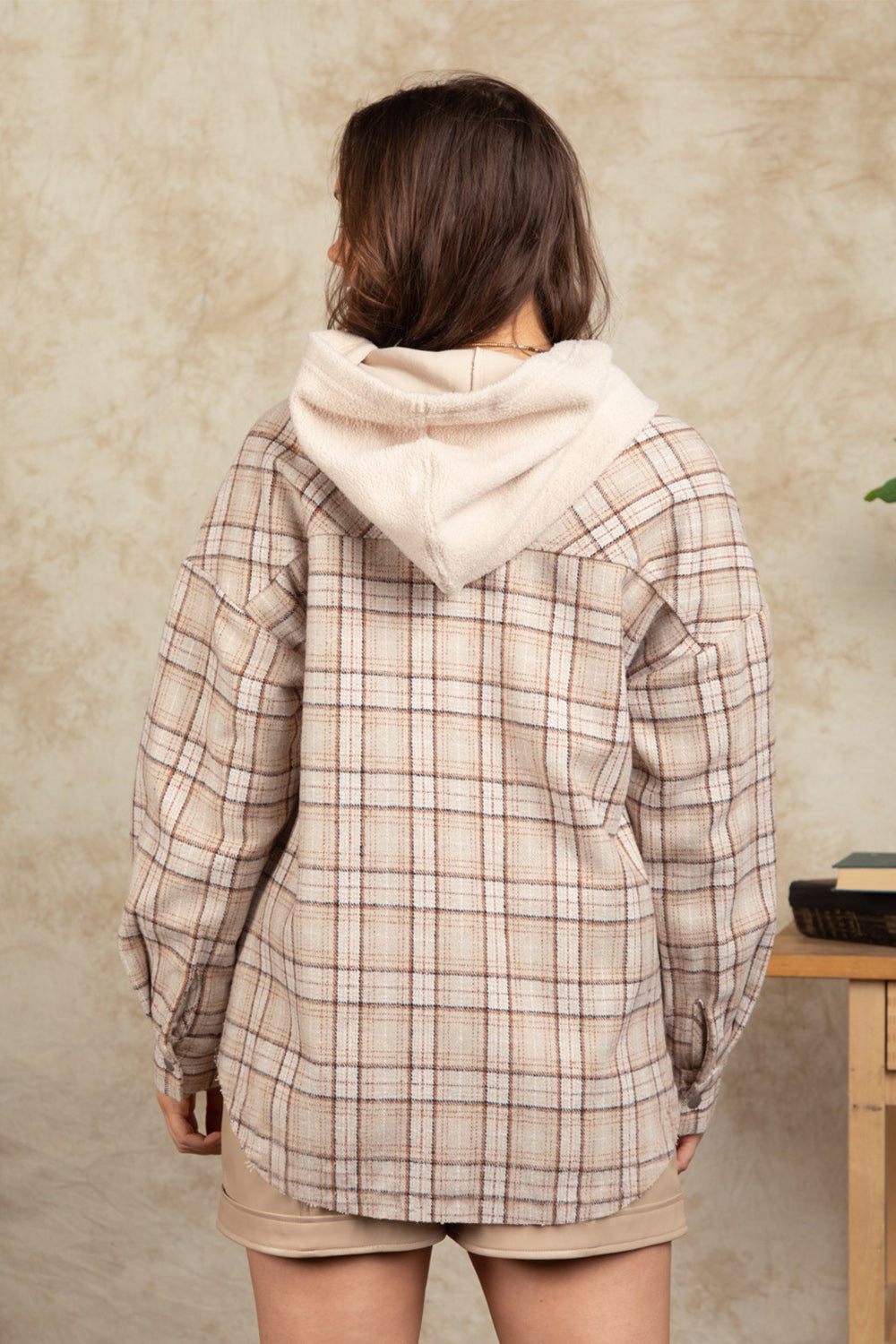 Outfit Flow - Drawstring Plaid Long Sleeve Hooded Jacket