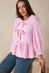 Outfit Flow - Tied Bow Striped Round Neck Blouse