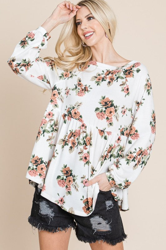 Outfit Flow - Super Lady Full Size Babydoll Floral Boat Neck Long Sleeve Blouse