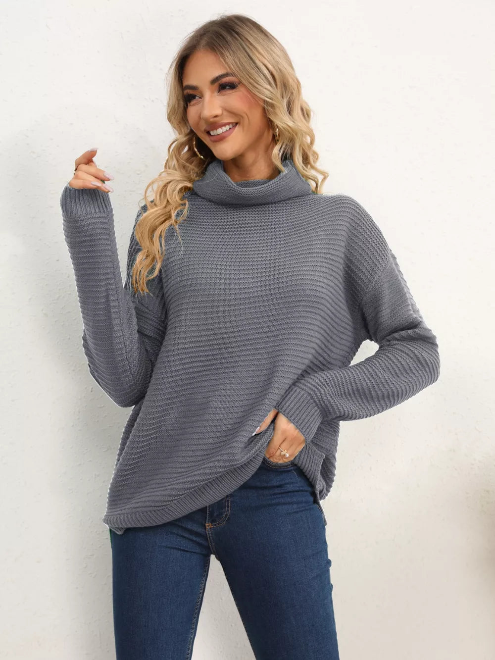 Slit Turtleneck Dropped Shoulder Sweater Dark Gray Trendsi
