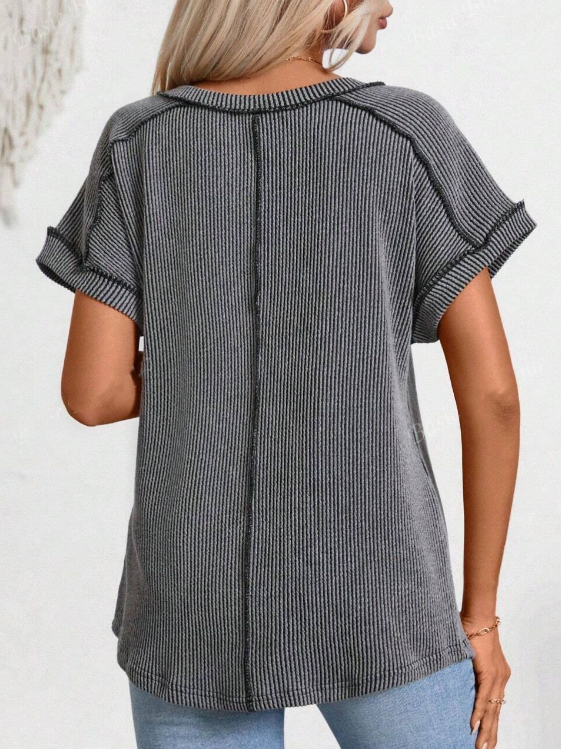 Exposed Seam V-Neck Short Sleeve Top OutfitFlow