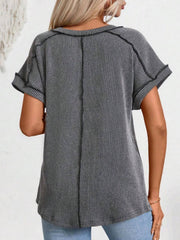 Exposed Seam V-Neck Short Sleeve Top OutfitFlow