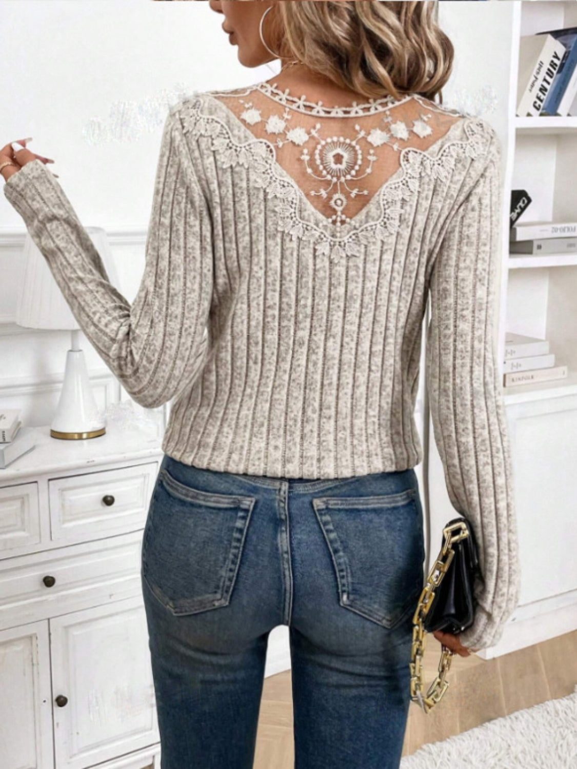 Outfit Flow - Lace Detail V-Neck Long Sleeve T-Shirt