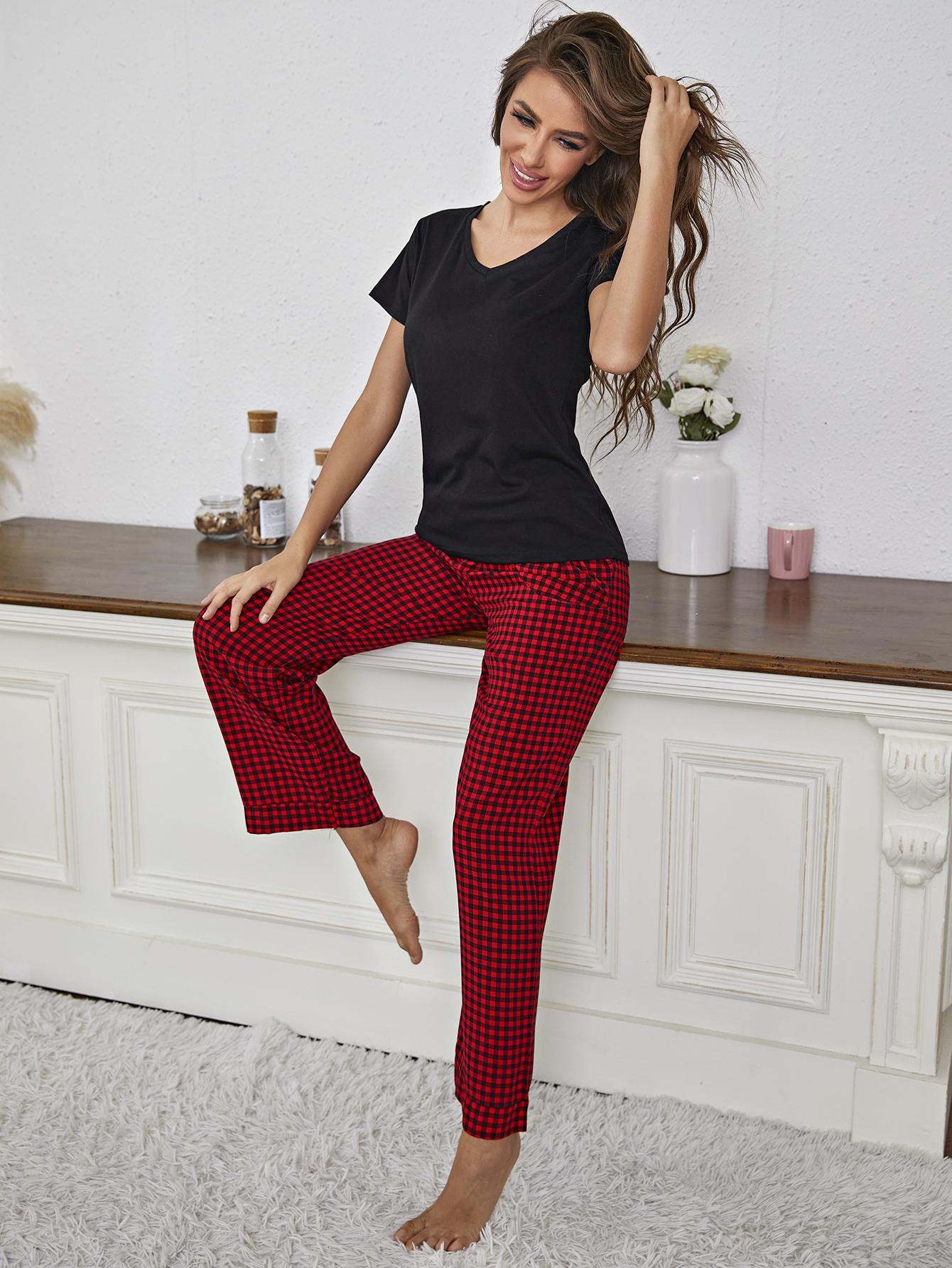 Outfit Flow - V-Neck Top and Gingham Pants Lounge Set