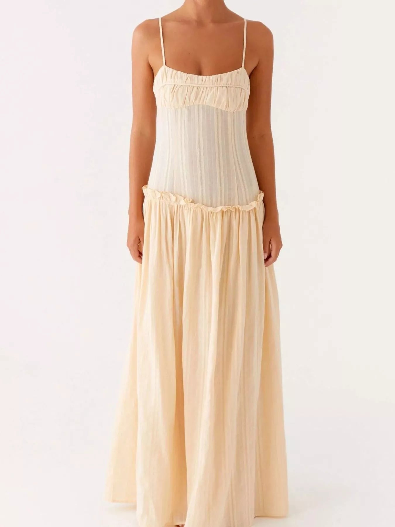 Frill Spaghetti Strap Maxi Dress OutfitFlow