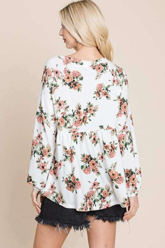 Outfit Flow - Super Lady Full Size Babydoll Floral Boat Neck Long Sleeve Blouse