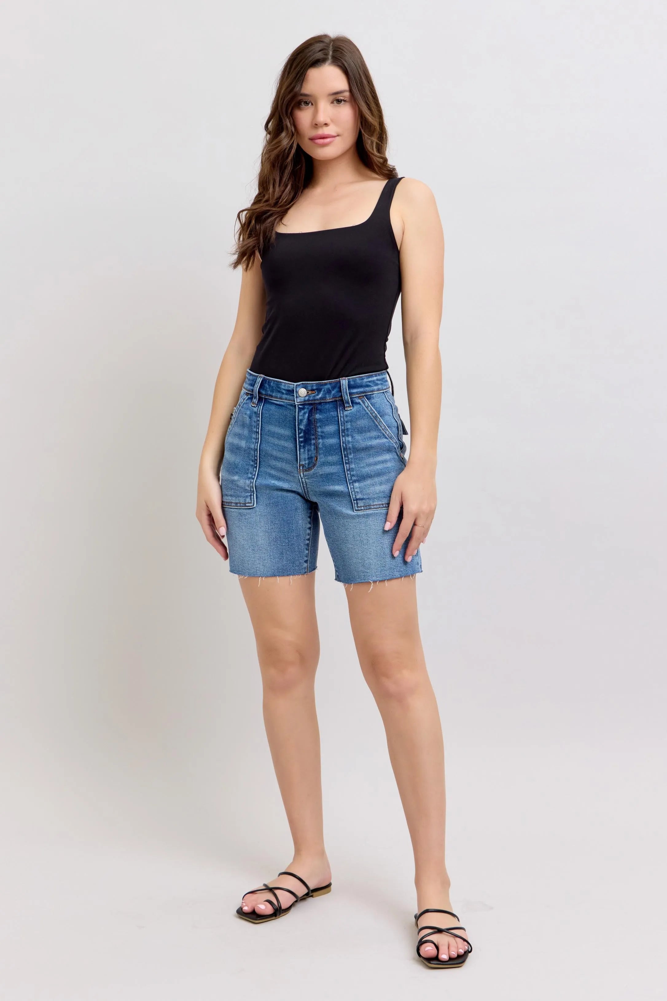 Judy Blue Full Size Mid Rise Bermudas Denim Shorts W/ Back Flap Pockets Plus Size OutfitFlow