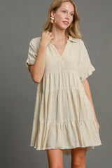 Umgee Full Size Raw Hem Folded Sleeve Tiered Dress Plus Size OATMEAL OutfitFlow