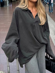 Collared Neck Dropped Shoulder Oversized Sweatshirt Trendsi