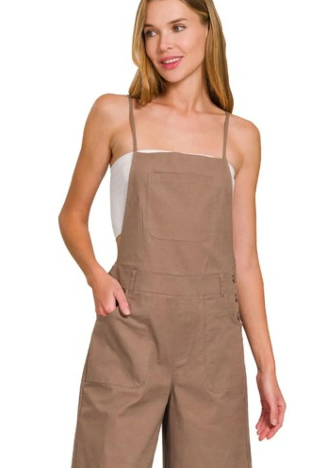 Zenana Woven Spaghetti Strap Overalls OutfitFlow