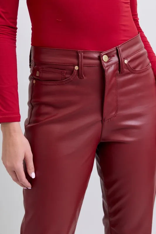 Judy Blue Full Size High Waist Tummy Control Faux Leather Straight Pants Plus Size OutfitFlow