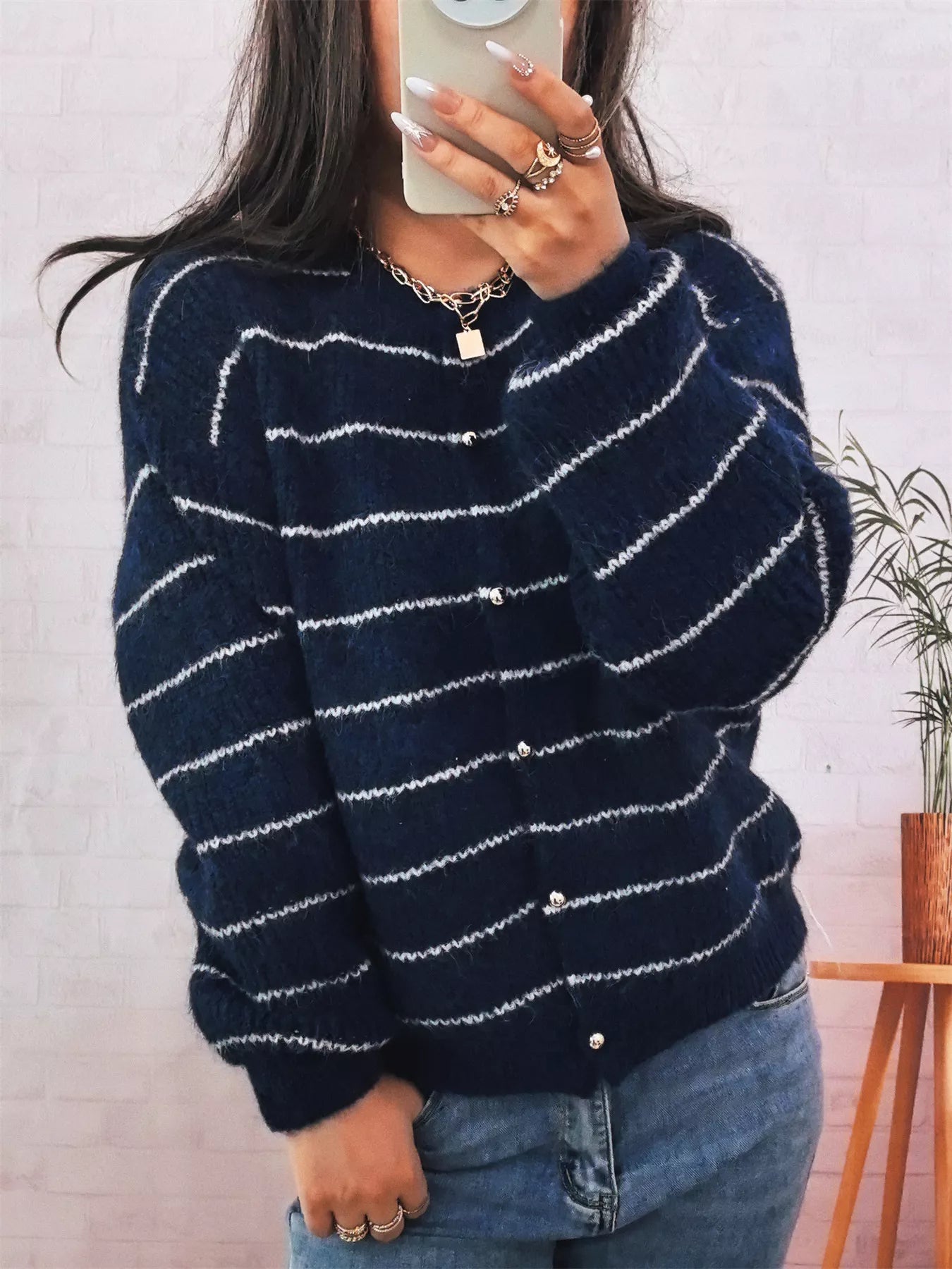 Striped Button Up Long Sleeve Cardigan OutfitFlow