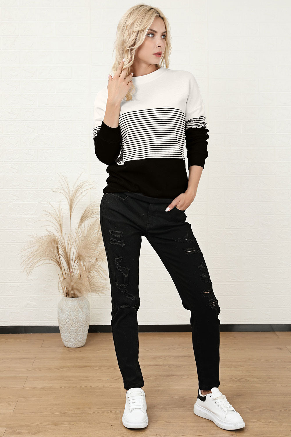 Outfit Flow - Striped Color Block Long Sleeve Knit Top