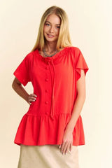 Davi & Dani Solid Lace Trim Neck Short Sleeve Peplum Top OutfitFlow