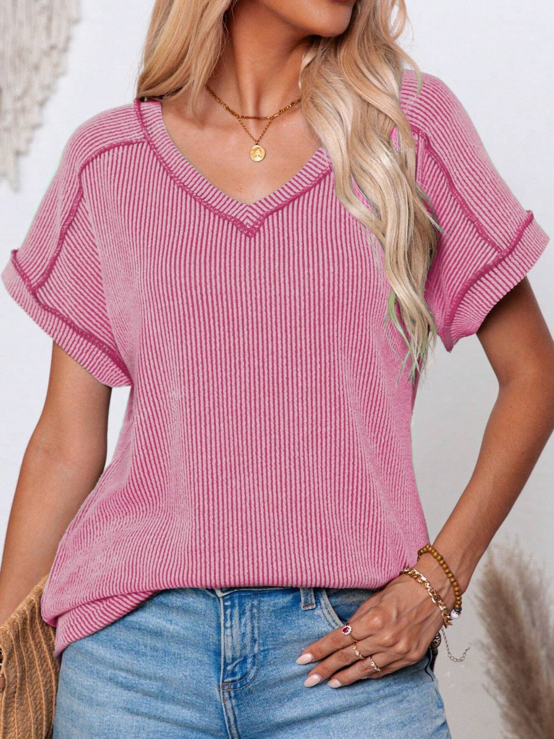 Exposed Seam V-Neck Short Sleeve Top Pink OutfitFlow