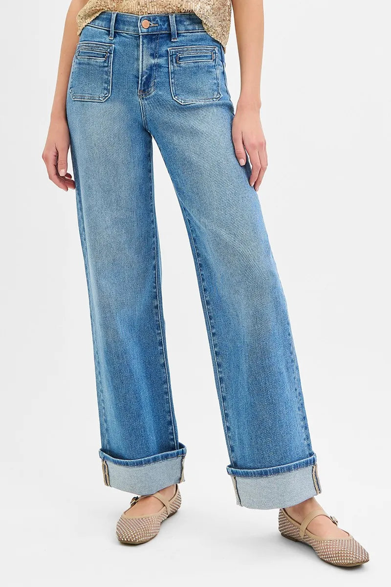 RISEN Full Size Elastic Band Mid Rise Wide Front Patch Pocket Cuff Jeans Plus Size OutfitFlow