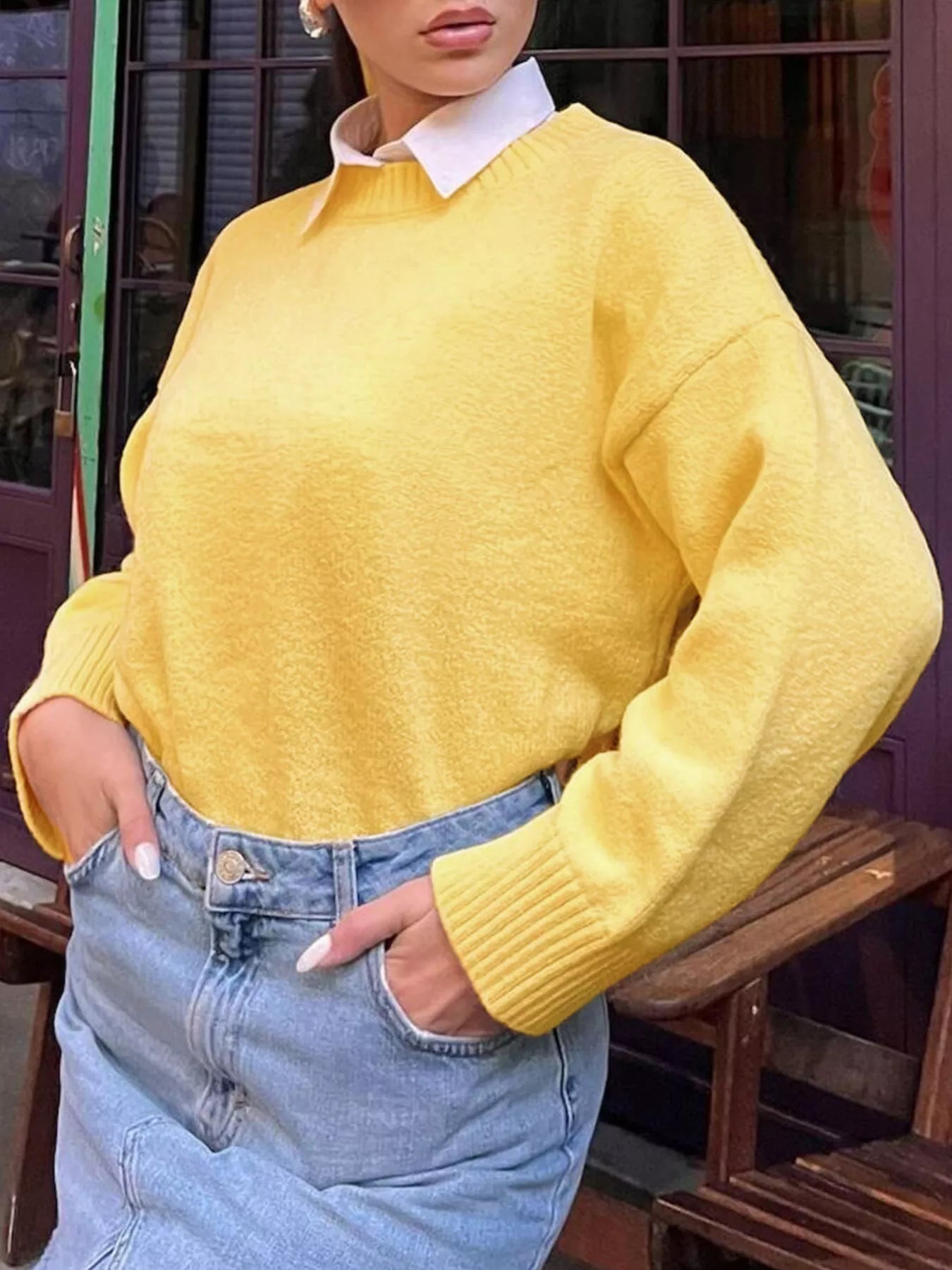Ribbed Round Neck Dropped Shoulder Sweater OutfitFlow