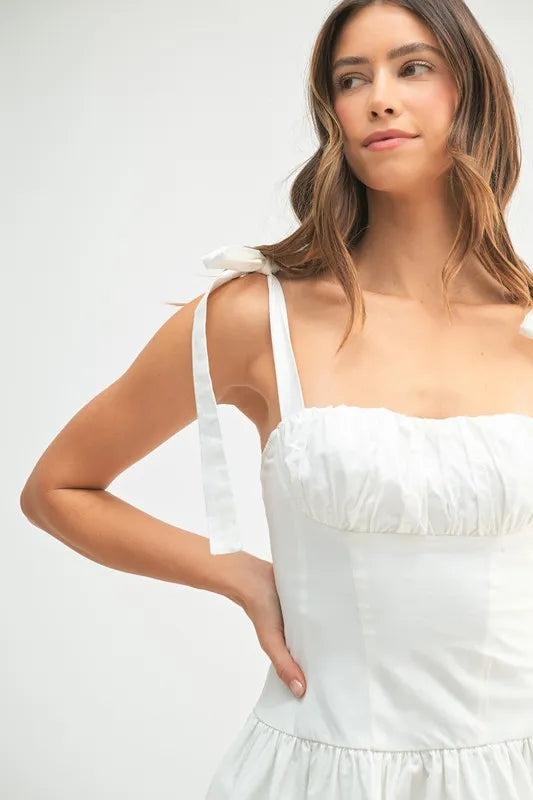 MABLE Shoulder Tie Corset Panel Mini Dress OutfitFlow