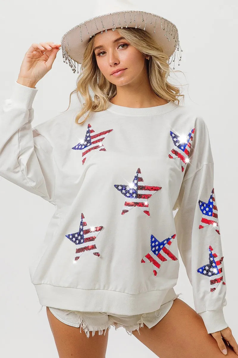 BiBi American Flag Sequin Star Sweatshirt OutfitFlow