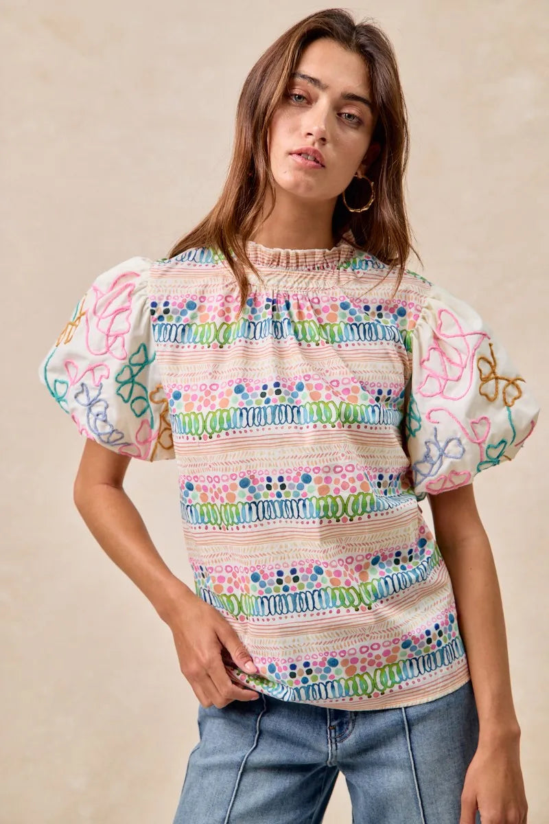 BiBi Ruffle Neckline Blouse With Embroidery Bubble Sleeve OutfitFlow