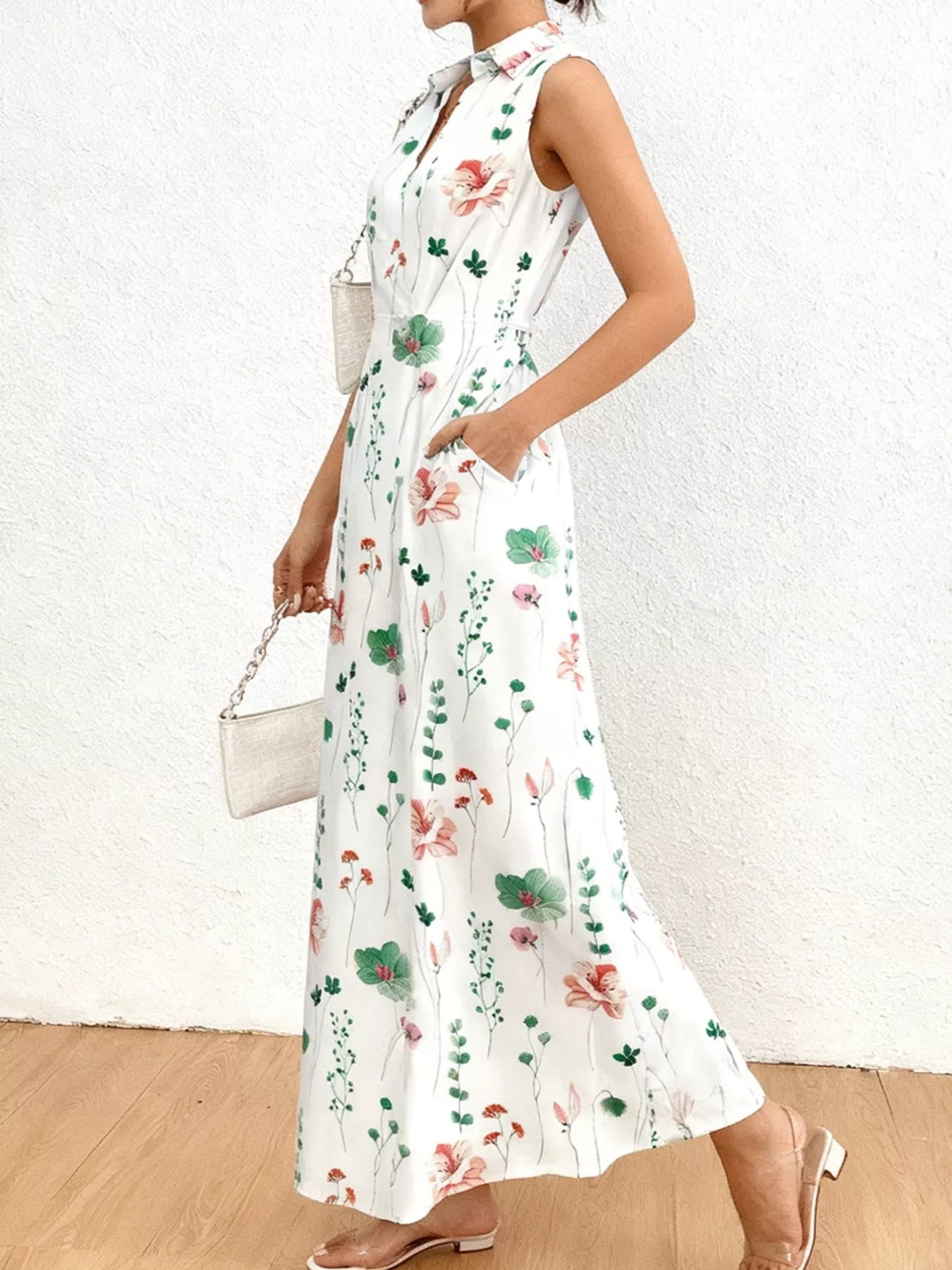 Floral Print Sleeveless Maxi Shirt Dress Trendsi