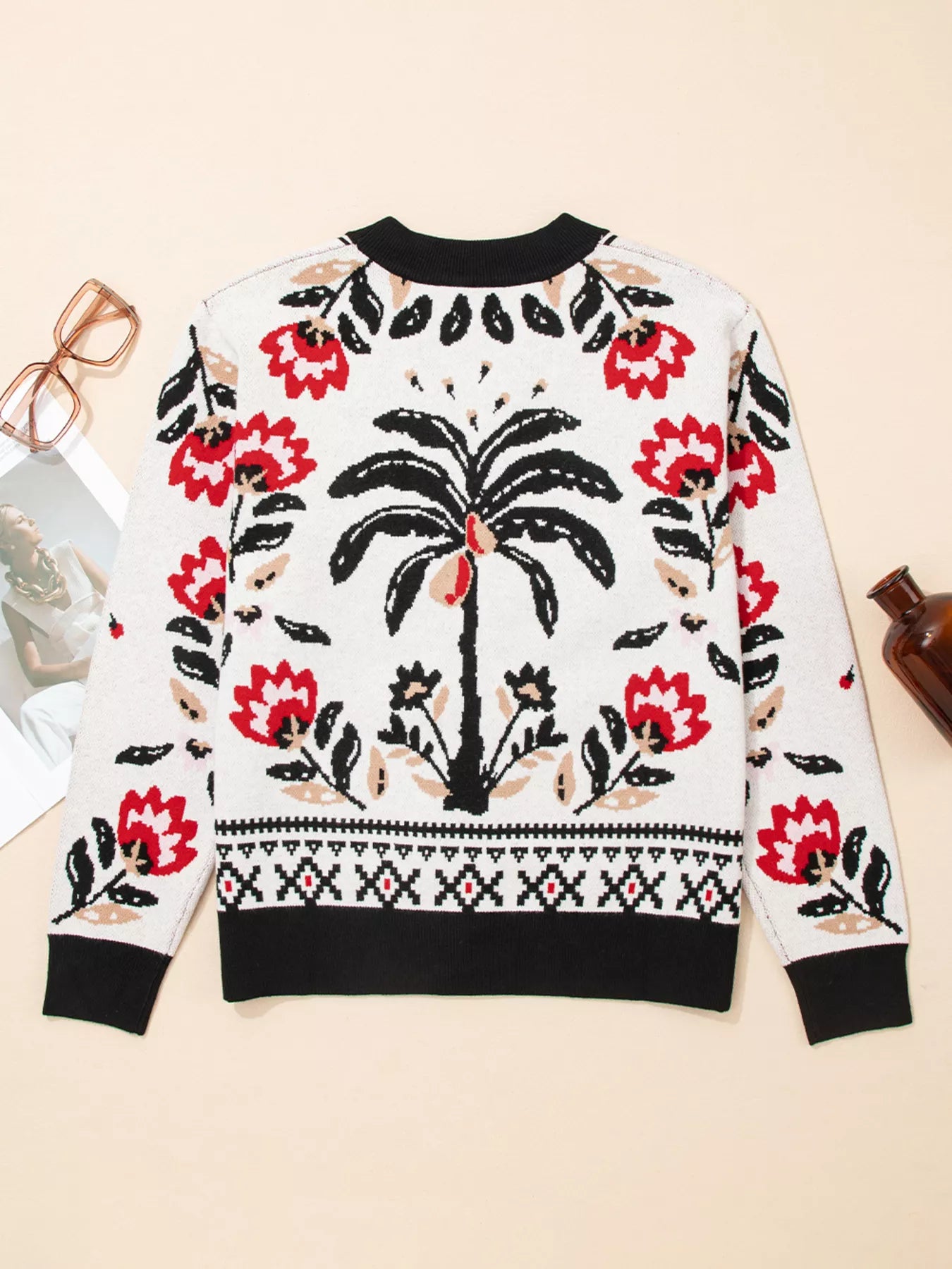 Floral Button Down Cardigan with Geometric Border Trendsi