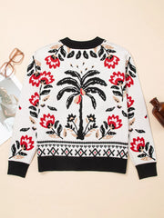 Floral Button Down Cardigan with Geometric Border Trendsi