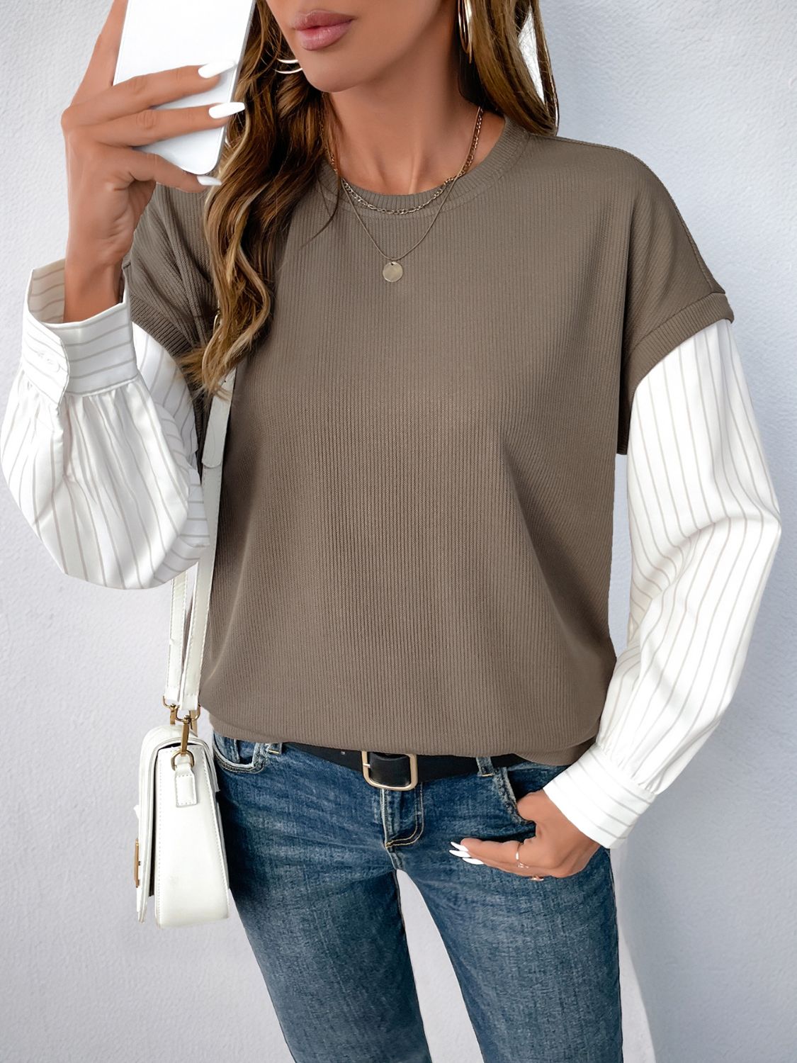 Outfit Flow - Perfee Round Neck Striped Sleeve Sweatshirt