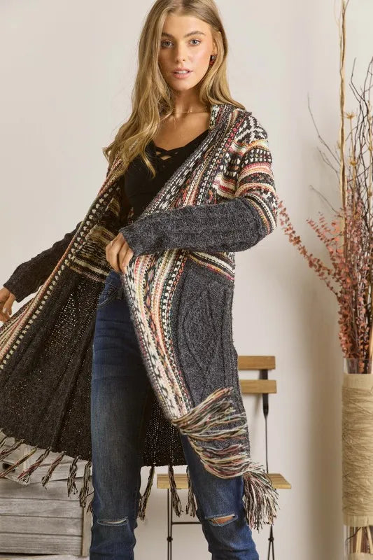 ADORA Full Size Fringe Hem Aztec Cardigan Plus Size OutfitFlow