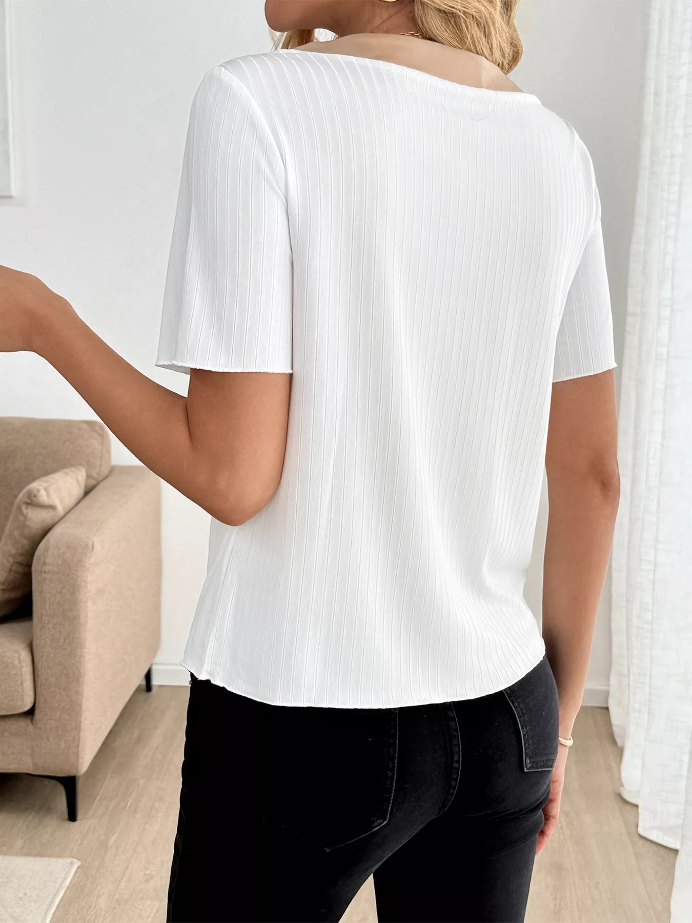 Decor Button Round Neck Short Sleeve Blouse OutfitFlow