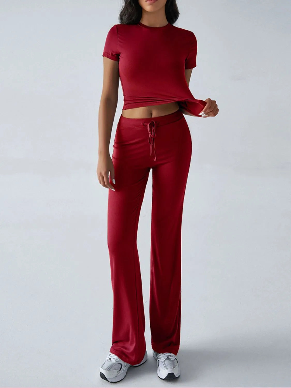 Round Neck Short Sleeve Top and Pants Set OutfitFlow