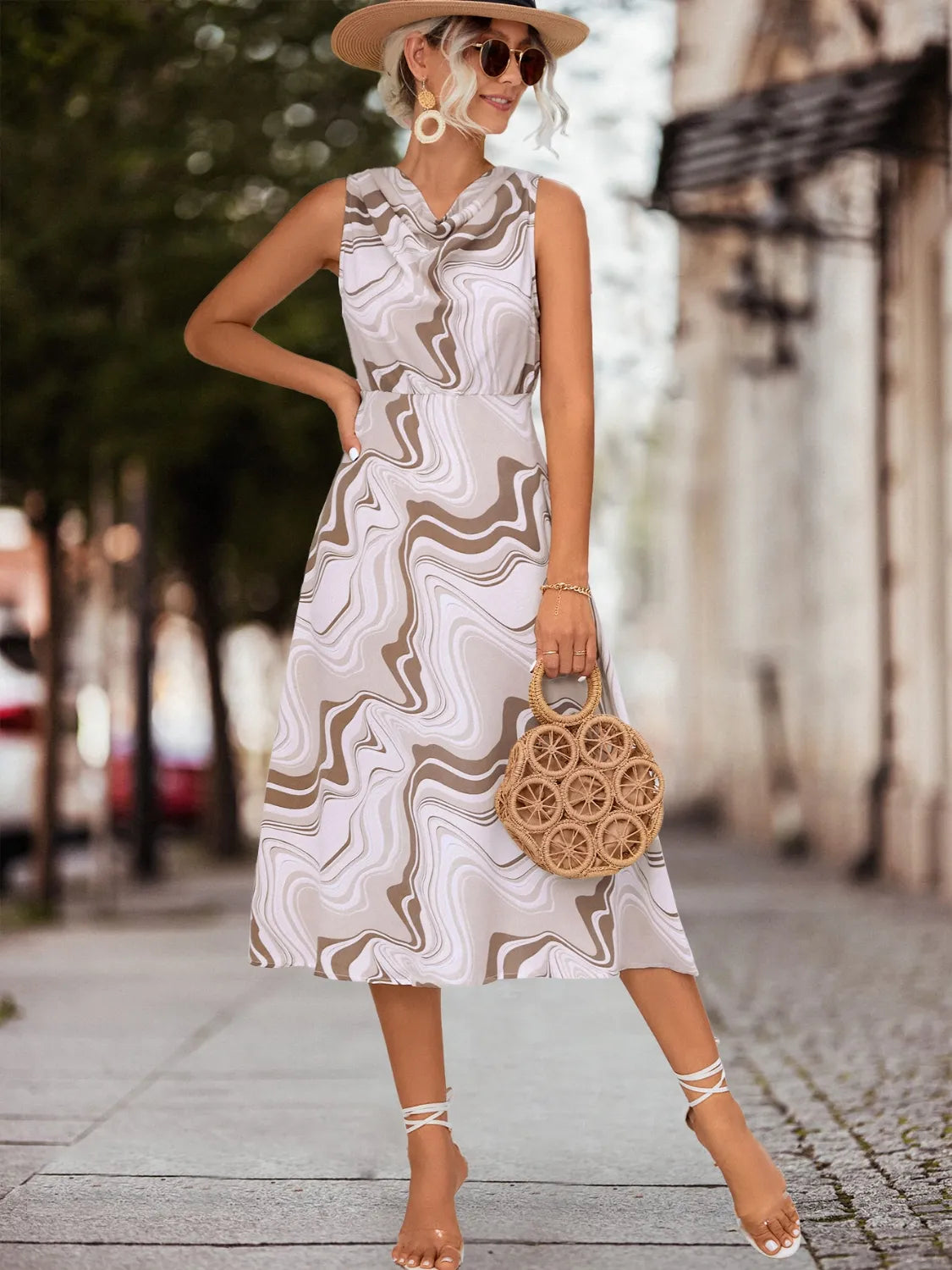 Printed Sleeveless Midi Dress Khaki OutfitFlow