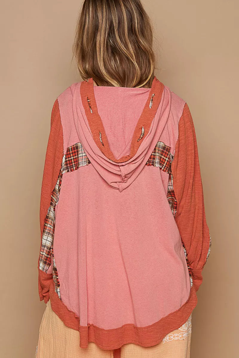 POL Oversized Drawstring Long Sleeve Hoodie with Plaid Detail Trendsi
