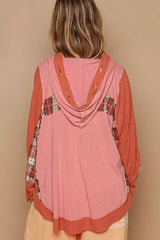 POL Oversized Drawstring Long Sleeve Hoodie with Plaid Detail Trendsi