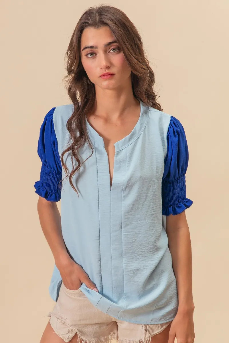 BiBi Air Flow Color Block Puff Sleeves V Neck Top OutfitFlow