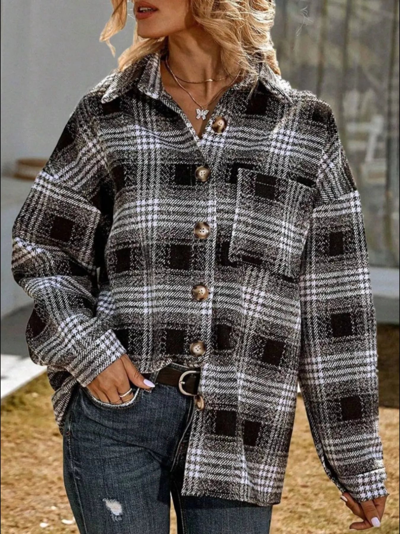 Plaid Button-Up Shirt Black OutfitFlow