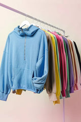 BiBi Stitch Detailed Elastic Hem Half Zip Fleece Hoodie OutfitFlow