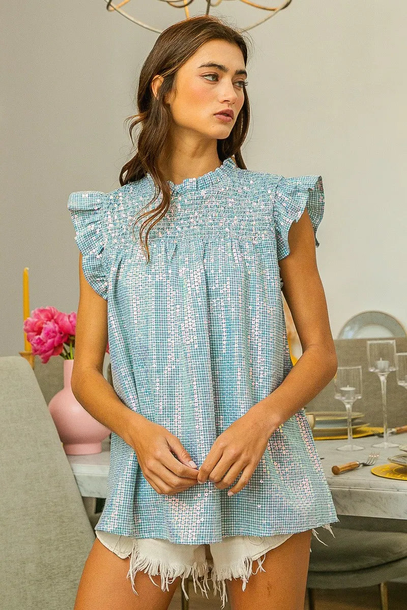 BiBi Clear Sequin All-over Gingham Smocked Top OutfitFlow