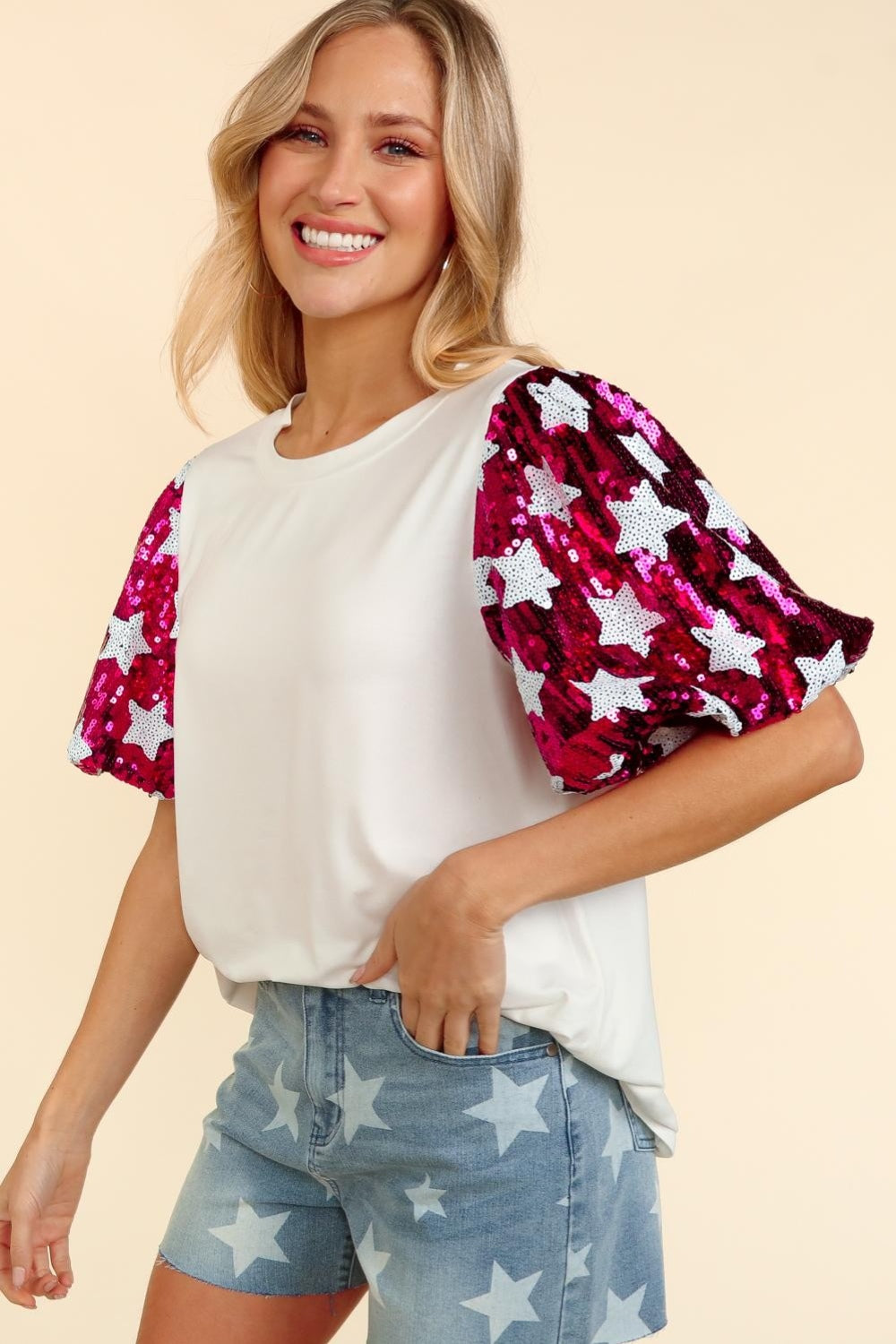 Haptics Star Sequin Bubble Short Sleeve Top