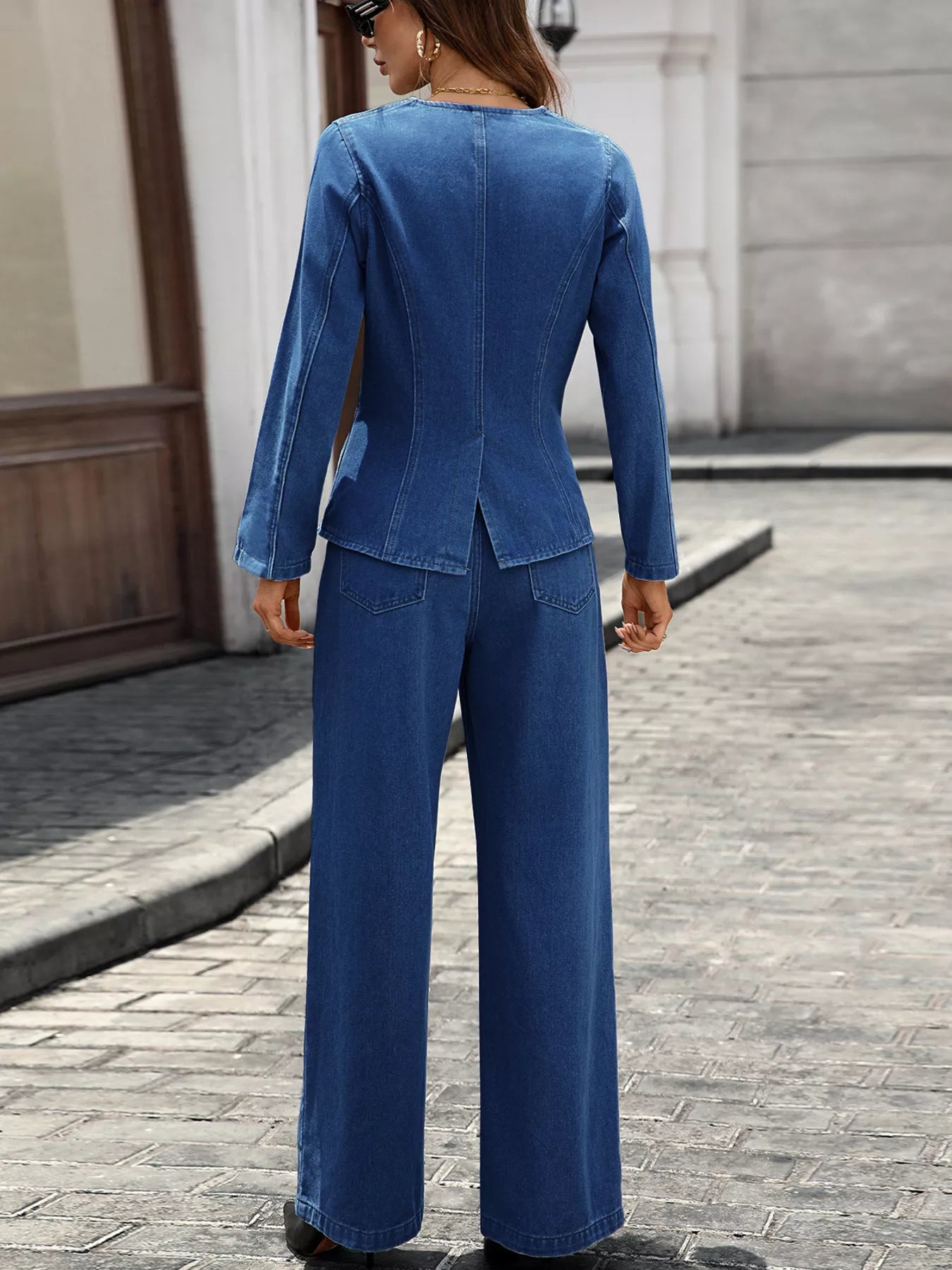 Button Up Long Sleeve Top and Jeans Denim Set OutfitFlow