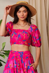 Davi & Dani Smocing Bodice Puff Short Sleeve Printed Crop Top OutfitFlow