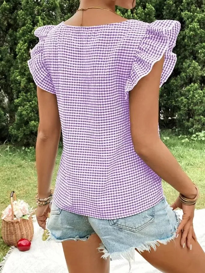 Ruffle Sleeve Gingham Square Neck Top OutfitFlow