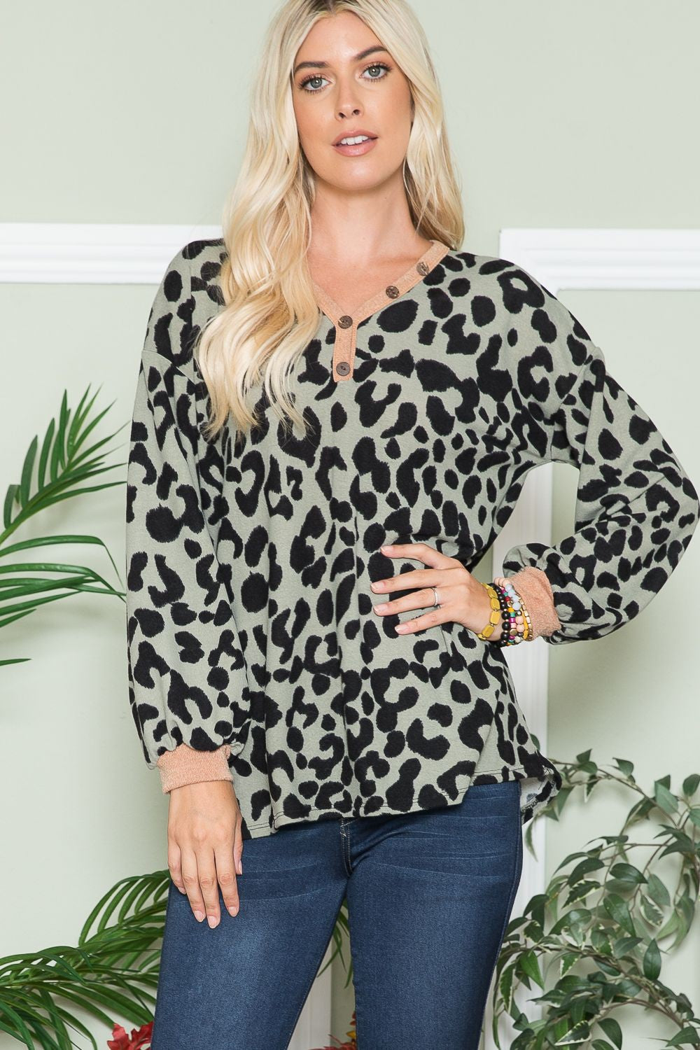 Outfit Flow - Celeste Full Size Leopard V-Neck Long Sleeve Blouse