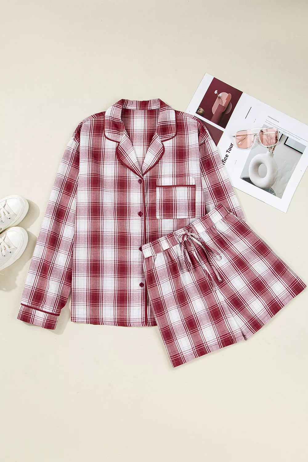Plaid Long Sleeve Shirt and Drawstring Shorts Lounge Set OutfitFlow