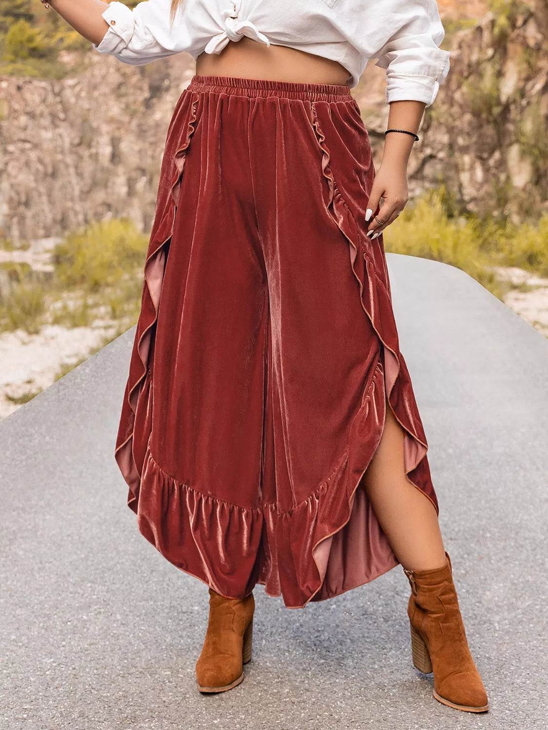 Plus Size Velvet Ruffle Hem Wide Leg Pants OutfitFlow