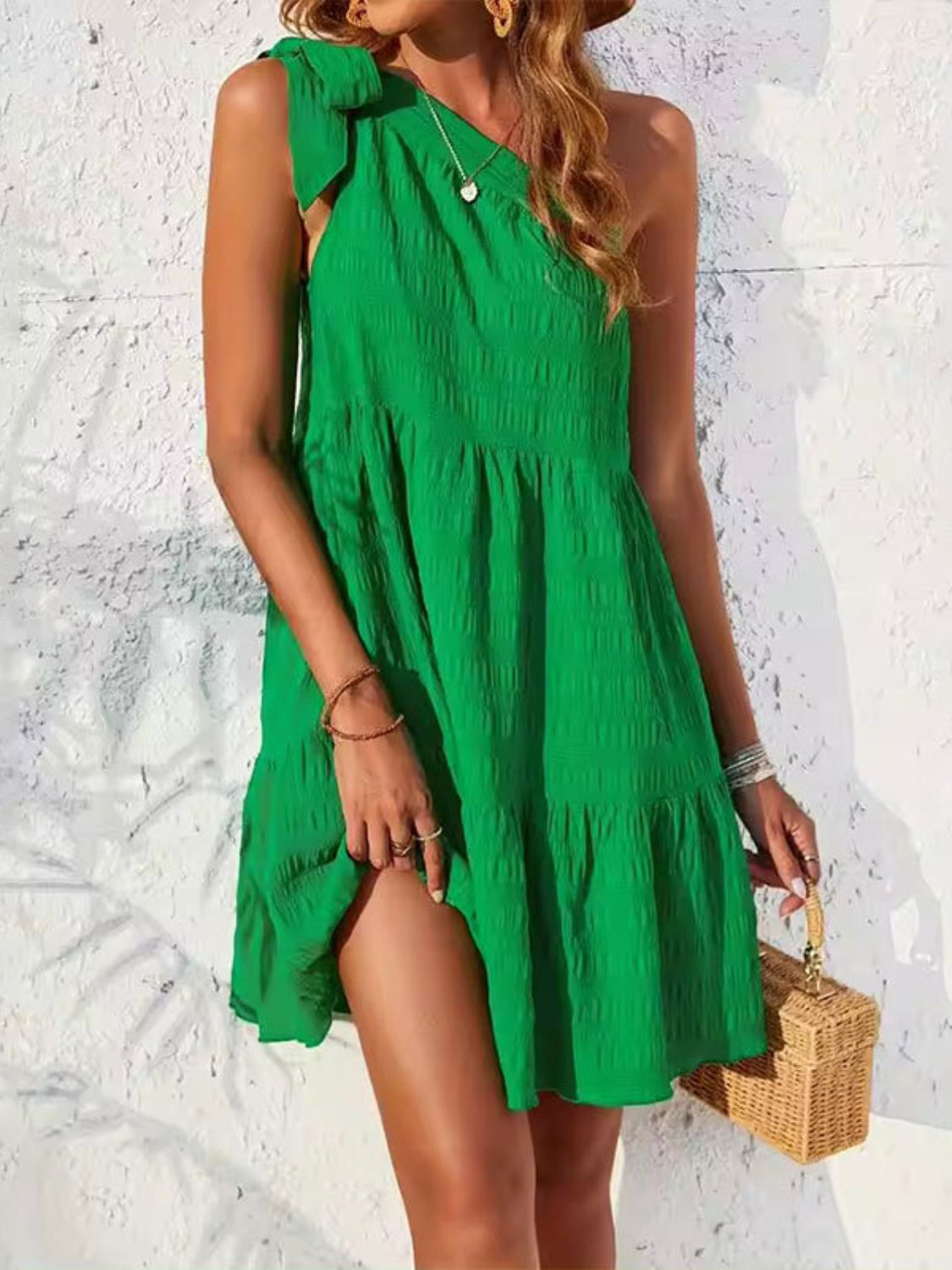 Textured Tied Single Shoulder Mini Dress Green OutfitFlow