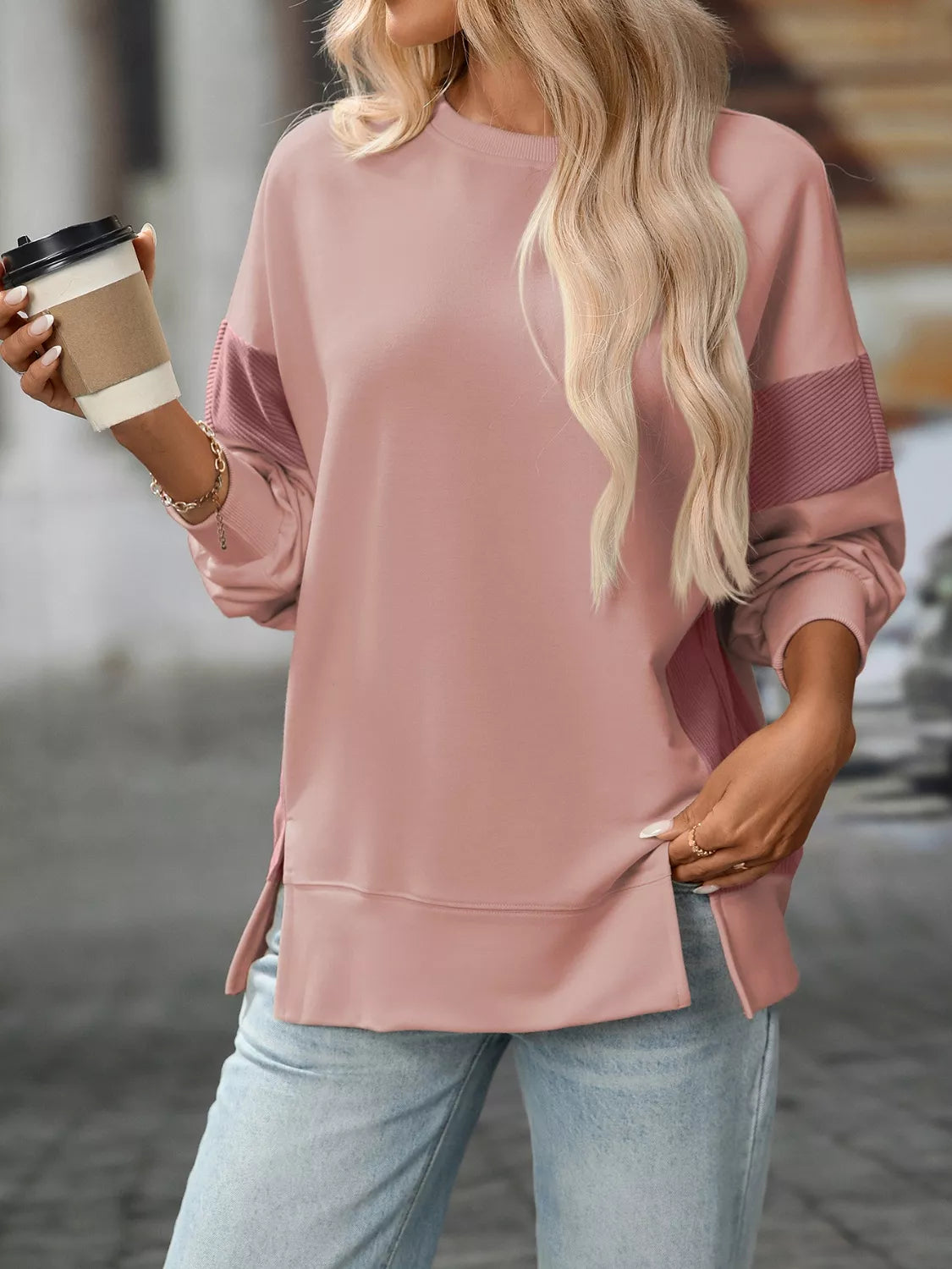 Side Slit Round Neck Sweatshirt OutfitFlow