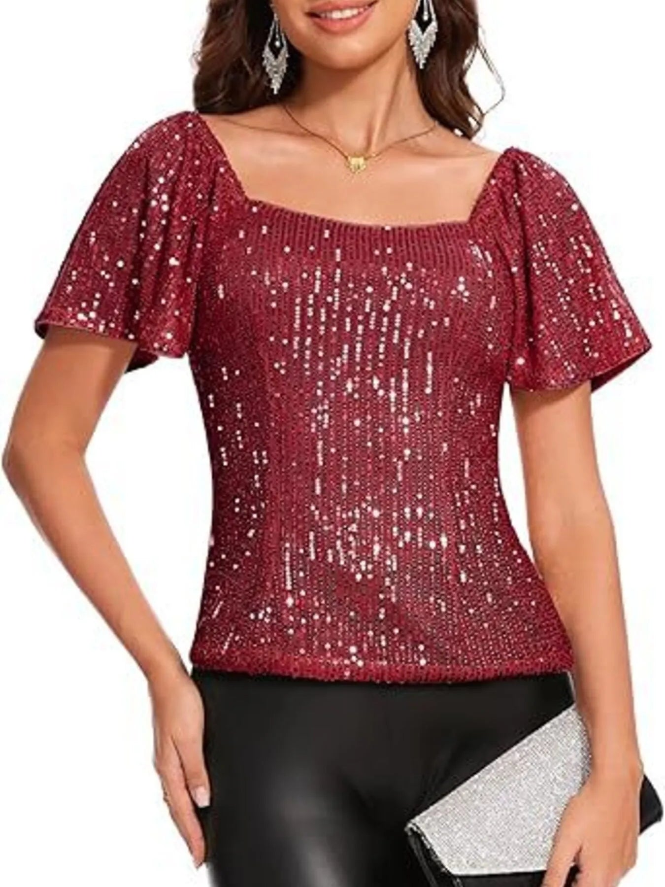 Square Neck Sequin Short Sleeve Blouse OutfitFlow