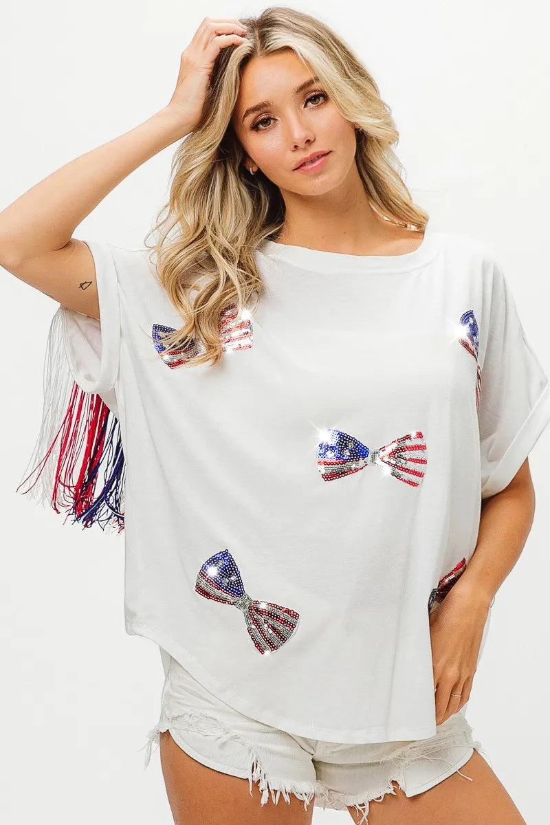 BiBi American Flag Sequin Ribbon T-Shirt OutfitFlow